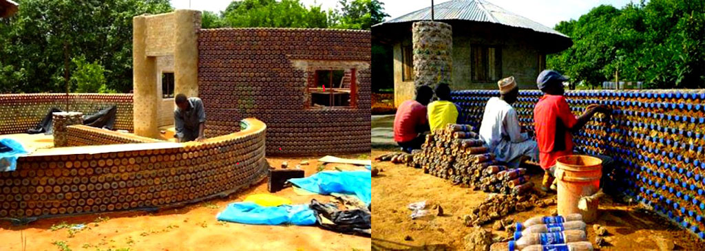 casa costruita con bottilgie di plastica in Nigeria